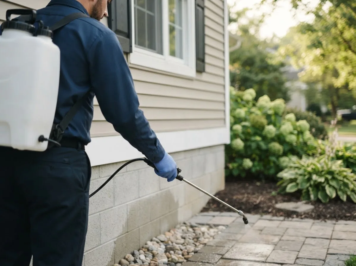 Pest control technician inspecting a home in Falfurrias, TX